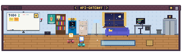The api-gateway room: an arcade cabinet and a fridge