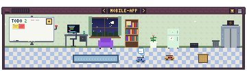 The mobile-app room: checkered floor and an armchair